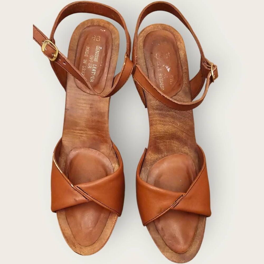 Vintage wood and leather 70s heels perfect condition SZ 8